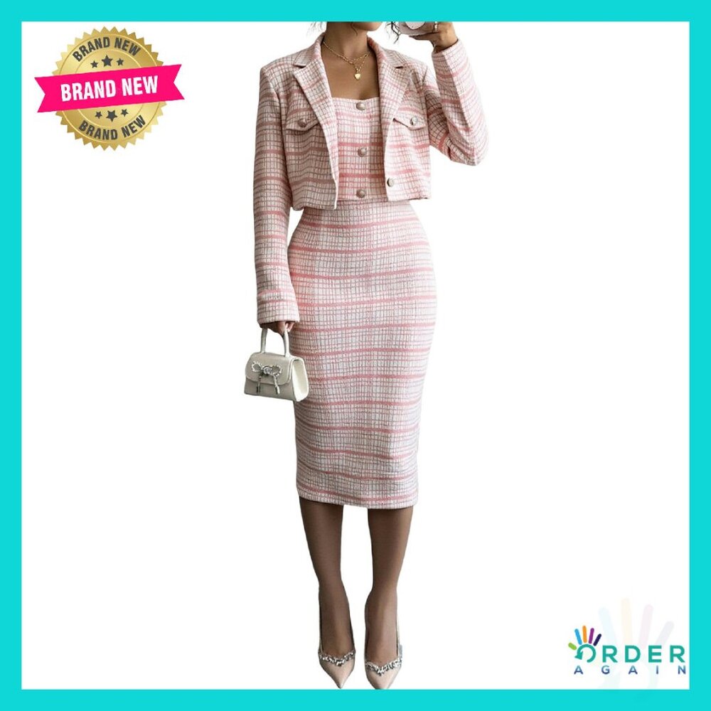 Plaid Cropped Blazer Sleeveless Midi Dress Set Business Casual Chic Office Wear